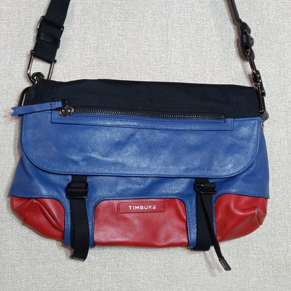Timbuk2 Leather Crossbody Messenger Bag Blue Red Tri-Color Adjustable Strap
